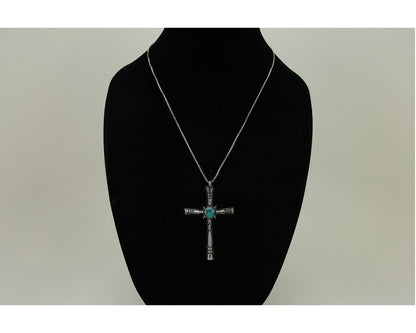 Navajo Sand Cast Cross Pendant 925 Silver Turquoise Native Artist C.80s