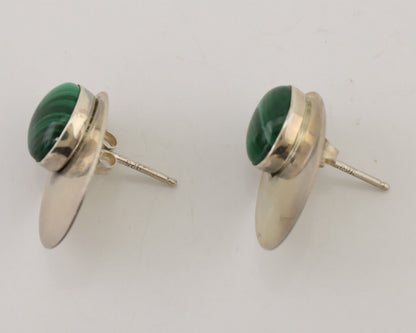 Navajo Shield Earrings 925 Silver Natural Malachite Signed Ella Peters C.80's