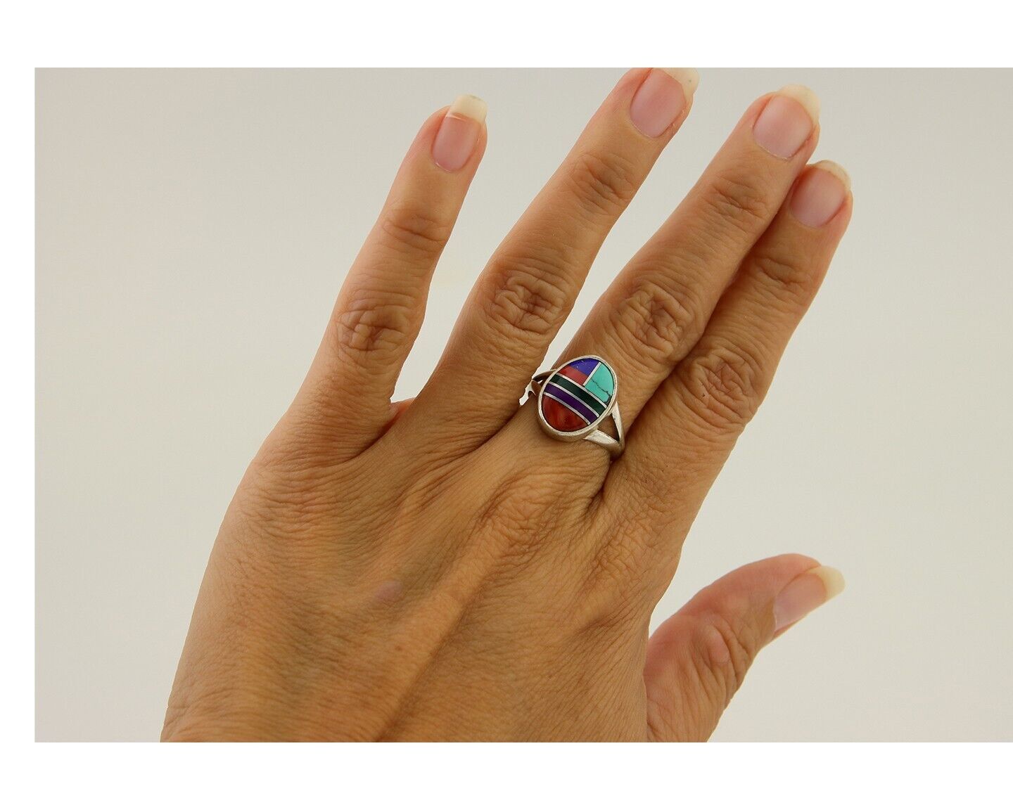 Navajo Ring 925 Sterling Silver Natural Gemstones Artist Signed Sunrise C.80's