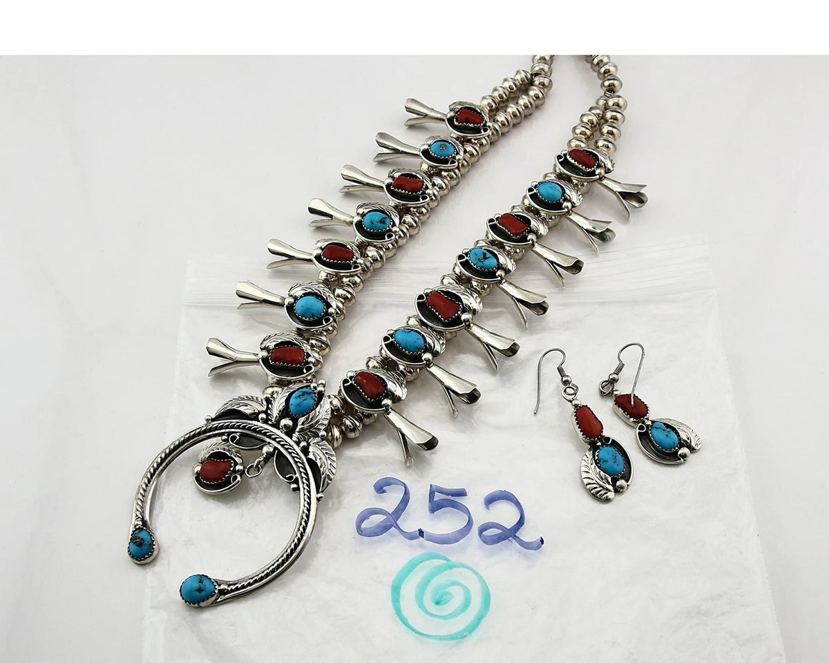 Navajo Squash Necklace Earring Set Sterling Silver Gemstones Signed C Davis C80s