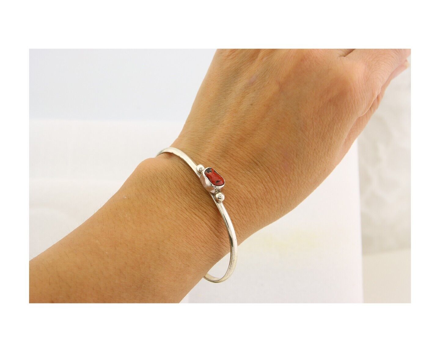 Navajo Bracelet .925 Silver Natural Red Coral Cuff Native American Artist C.80's