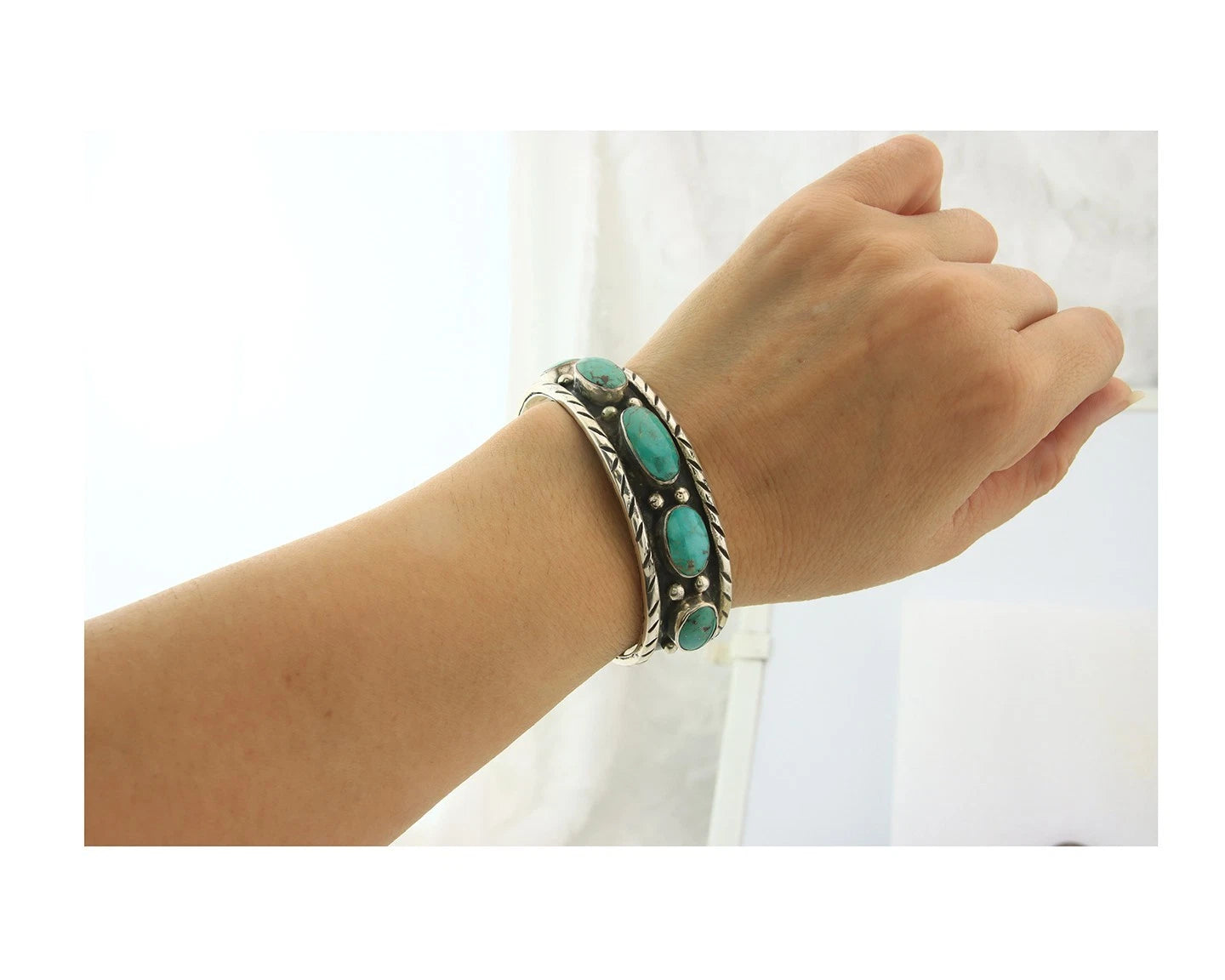 Navajo Cuff Bracelet Sterling Silver Turquoise Handmade Vintage Signed DZ