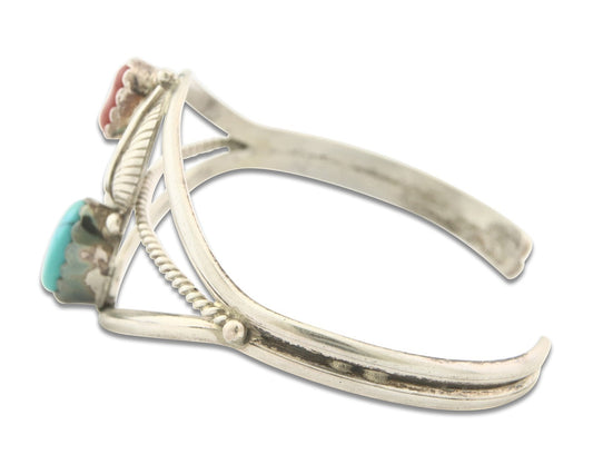 Vintage Navajo Bracelet 925 Silver Red Coral Turquoise Signed Paul J