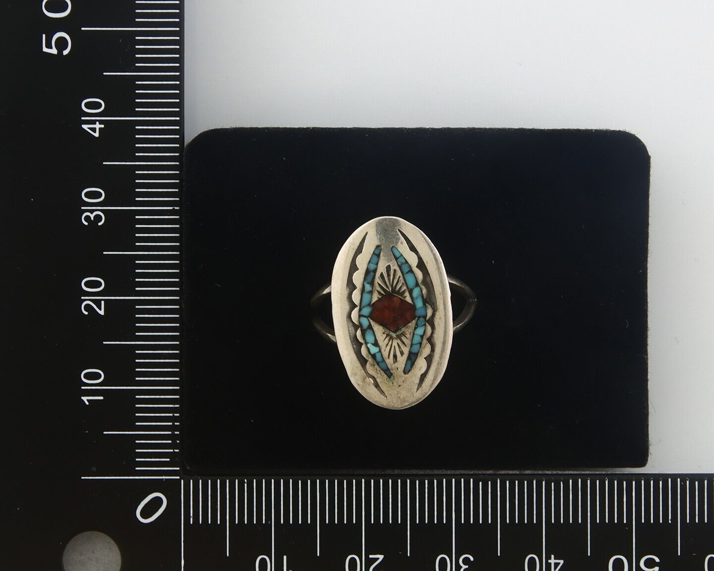 Navajo Ring 925 Sterling Natural Chip Inlay Coral & Turquoise C.80's Size 6.0
