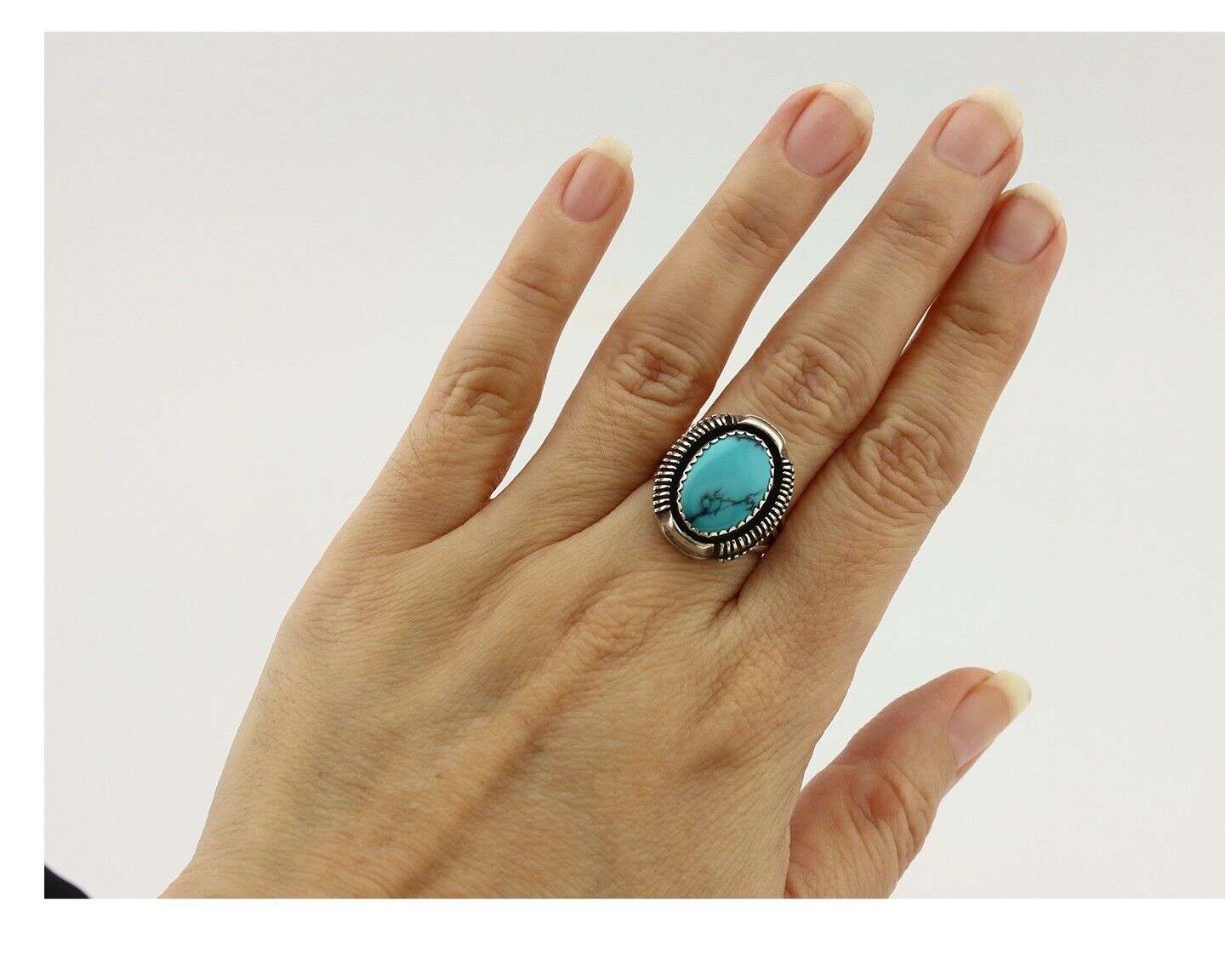Navajo Ring 925 Silver Natural Blue Turquoise Artist Signed Larry Yazzie C.80's