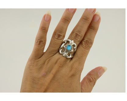 Navajo Sand Cast Ring 925 Silver Sleeping Beauty Turquoise Artist C.80's