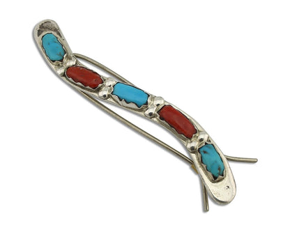 Women's Zuni Hair Clip Barrette 925 Silver Coral & Turquoise Signed B&N NASTACIO