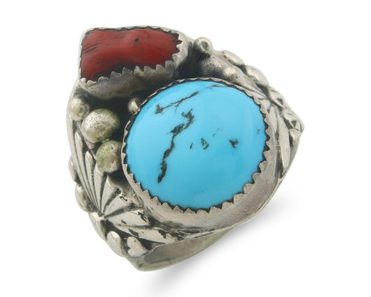 Vintage Navajo Ring 925 Sterling Turquoise & Coral Native Artist Size 8.75