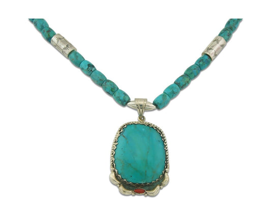 Vintage Navajo Bead Necklace 925 Silver Turquoise Hand Stamped Signed