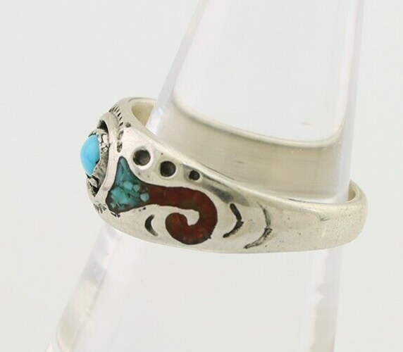 Navajo Ring 925 Silver Turquoise & Coral Natural American Artist C.80's