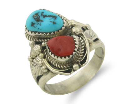 Men Navajo Ring 925 Sterling Natural Coral & Turquoise Signed JM C.80's Sz 11.75