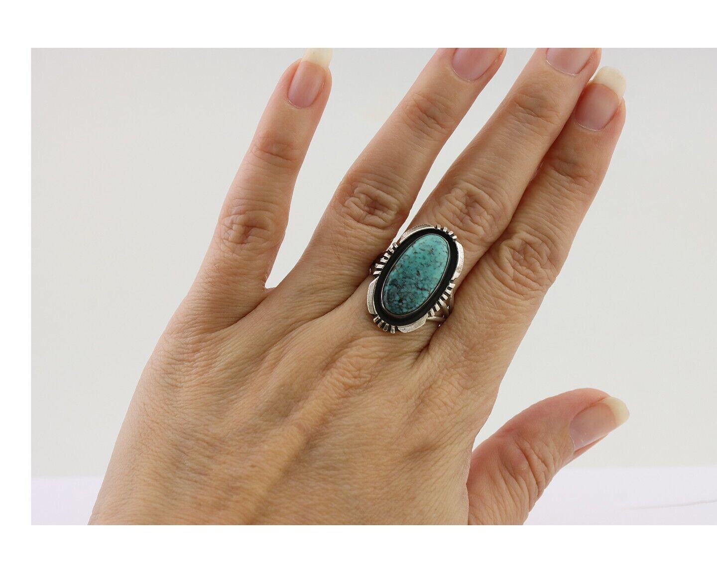 Navajo Ring 925 Silver Kingman Turquoise Native American Artist Size 8.0 C.80's