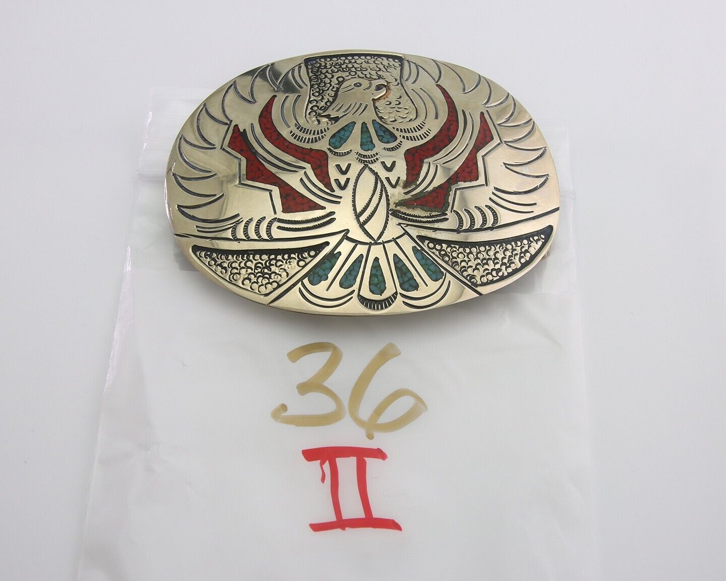 Navajo Belt Buckle .999 Nickel Buffalo Gemstone Signed Chee Keams 3x3.5 in C.80s