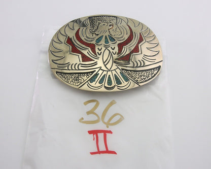 Navajo Belt Buckle .999 Nickel Buffalo Gemstone Signed Chee Keams 3x3.5 in C.80s