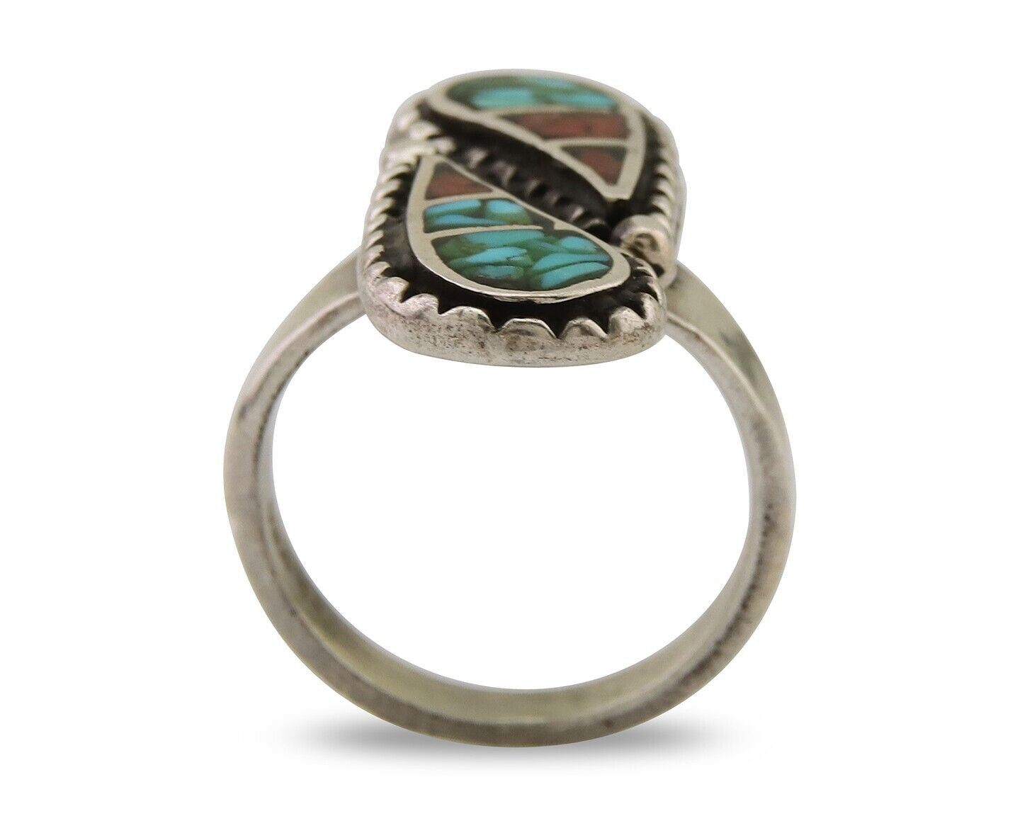 Navajo Ring 925 Silver Chip Inlay Turquoise & Coral Native Artist C.80's