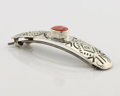 Women Navajo Hair Clip Barrette 925 Silver White Red Spiney Oyster Native Artist