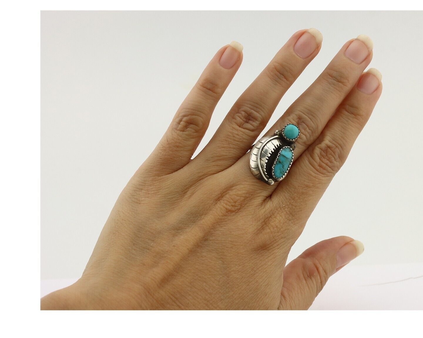 Navajo 2 Stone Ring 925 Silver Kingman Turquoise Native American Artist C.80's