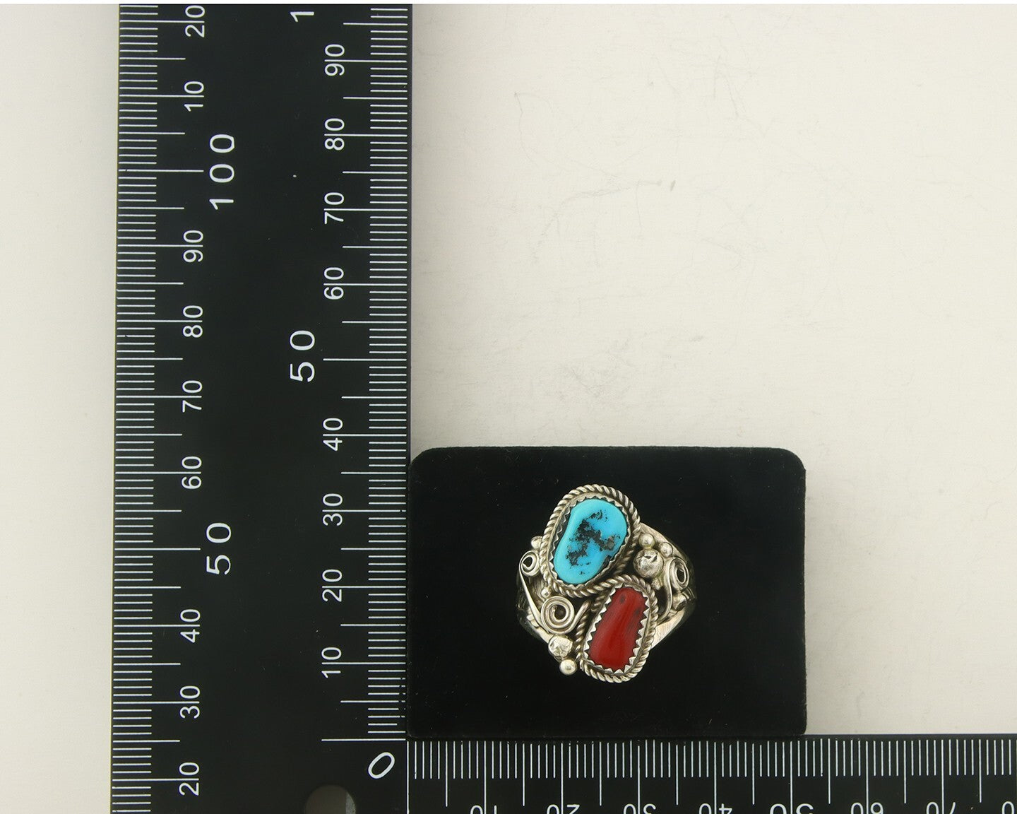 Men Navajo Ring 925 Sterling Natural Coral & Turquoise Signed JM C.80's Size 11
