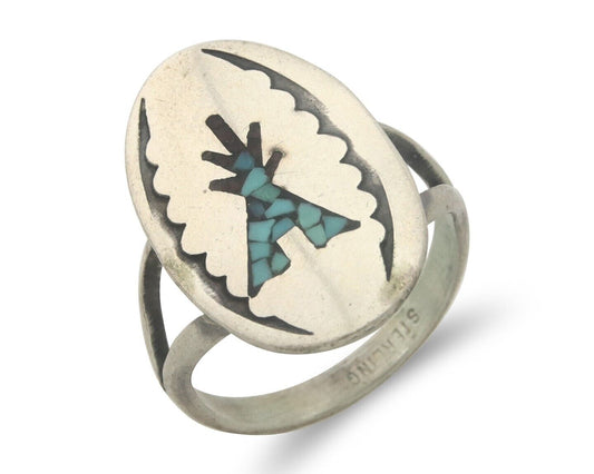 Navajo Ring 925 Sterling Natural Chip Inlay Coral & Turquoise C.80's Size 5.0