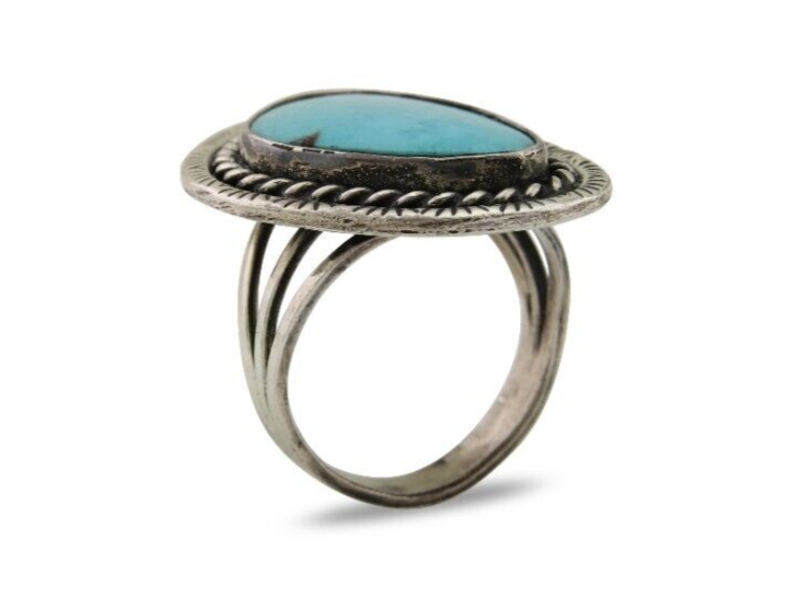 Navajo Ring 925 Silver Blue Turquoise Native American Artist C.80's