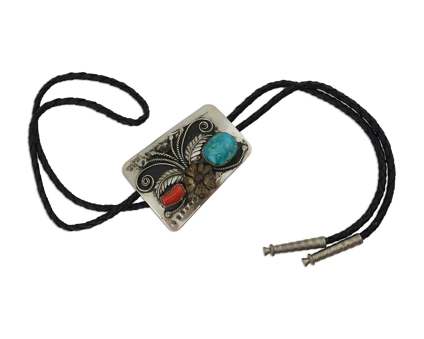 Navajo Bolo Tie .999 Nickel Coral & Turquoise Signed BENNETT C.80's