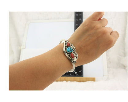 Navajo Cuff Bracelet Sterling Silver Natural Turquoise Signed Justin Morris
