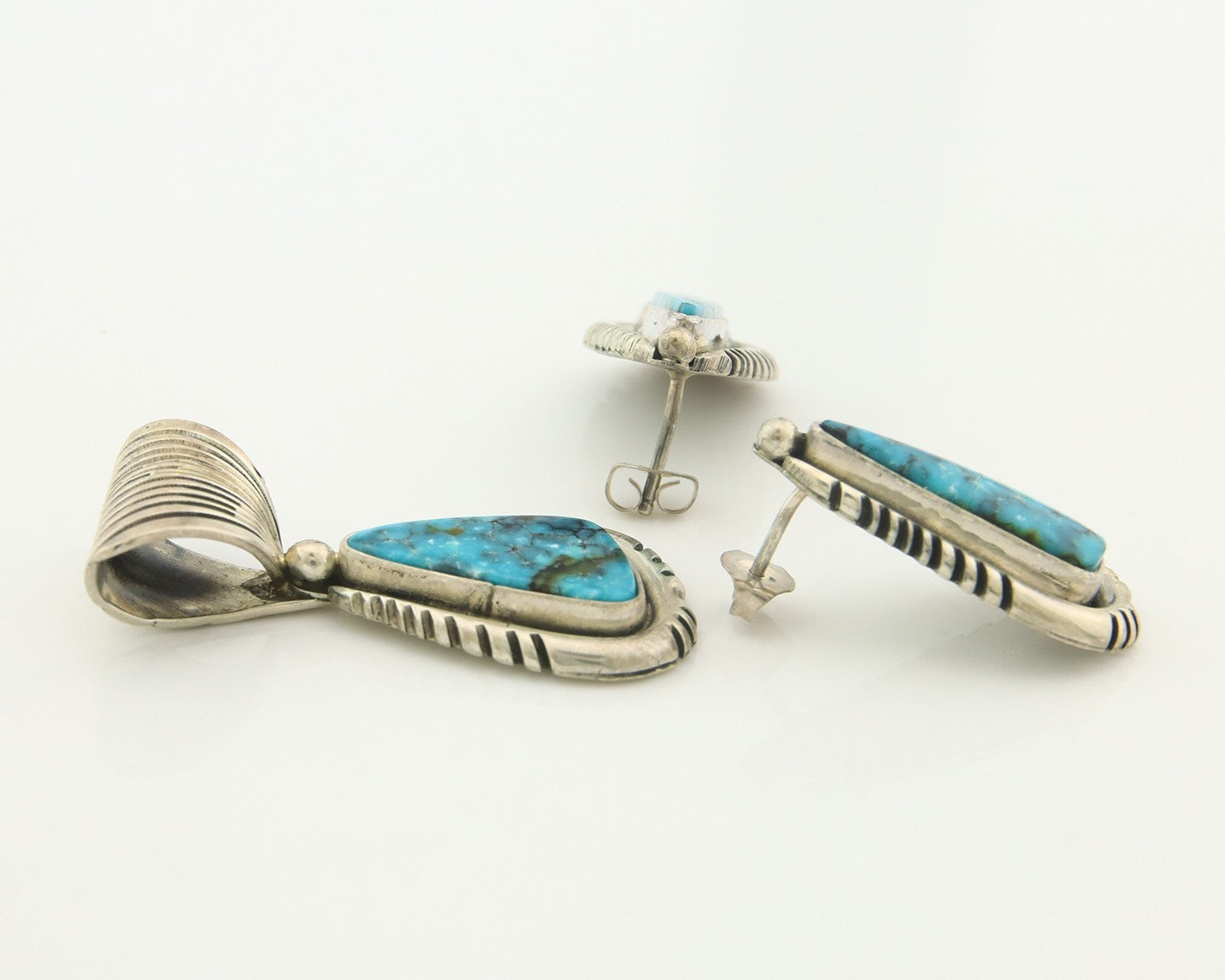 Navajo Pendant Earrings Set Sterling Silver Turquoise Signed Tom Willeto