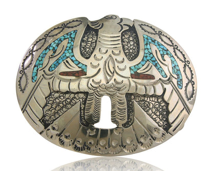 Navajo Belt Buckle .999 Nickel Buffalo Gemstone Signed Jimmie Nezzie 3x3.5in C80