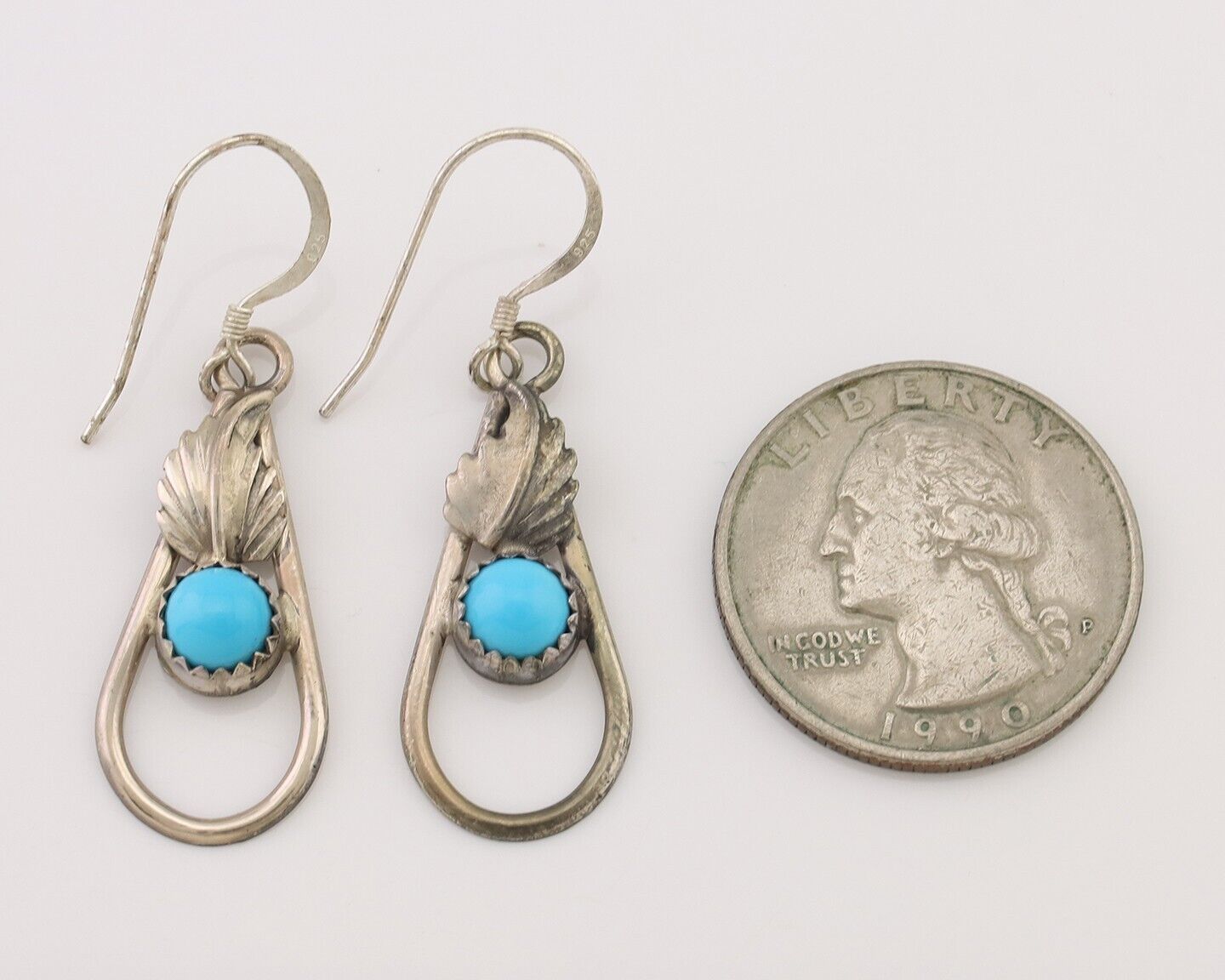 Navajo Dangle Earrings 925 Silver Sleeping B Turquoise Native Artist C.80's