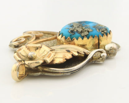 Navajo Pendant Sterling Silver & Gold Natural Blue Turquoise Signed L & H Keeto