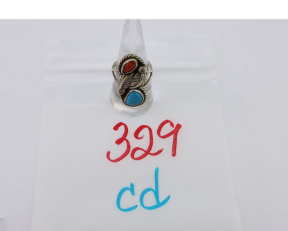 Navajo Handmade Ring 925 Silver Blue Turquoise & Coral Size 8.75 C.80's