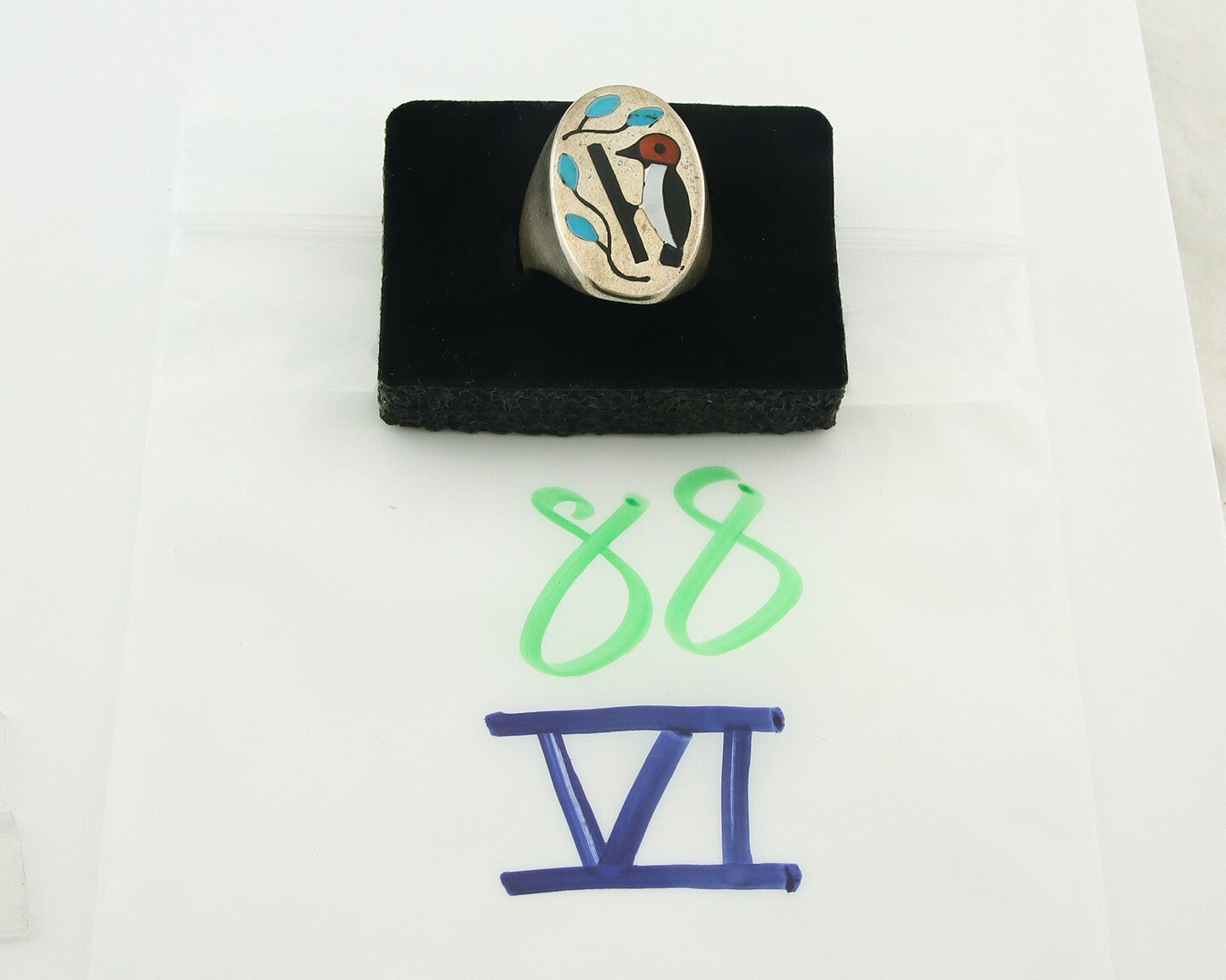 Vintage Navajo Ring 925 Sterling Wood Pecker Gemstone Native Artist Size 9.75