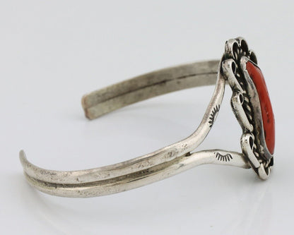 Navajo Bracelet 925 Silver Natural Red Coral Artist Signed L Begay C.80's