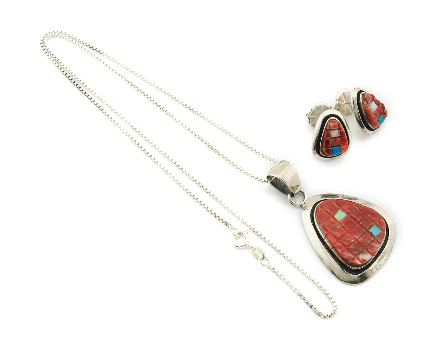 Navajo Necklace Earring Set Sterling Silver Turquoise Vintage Signed Feather