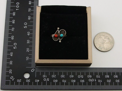Navajo Ring 925 Silver Turquoise & Coral Native American Artist C.80's
