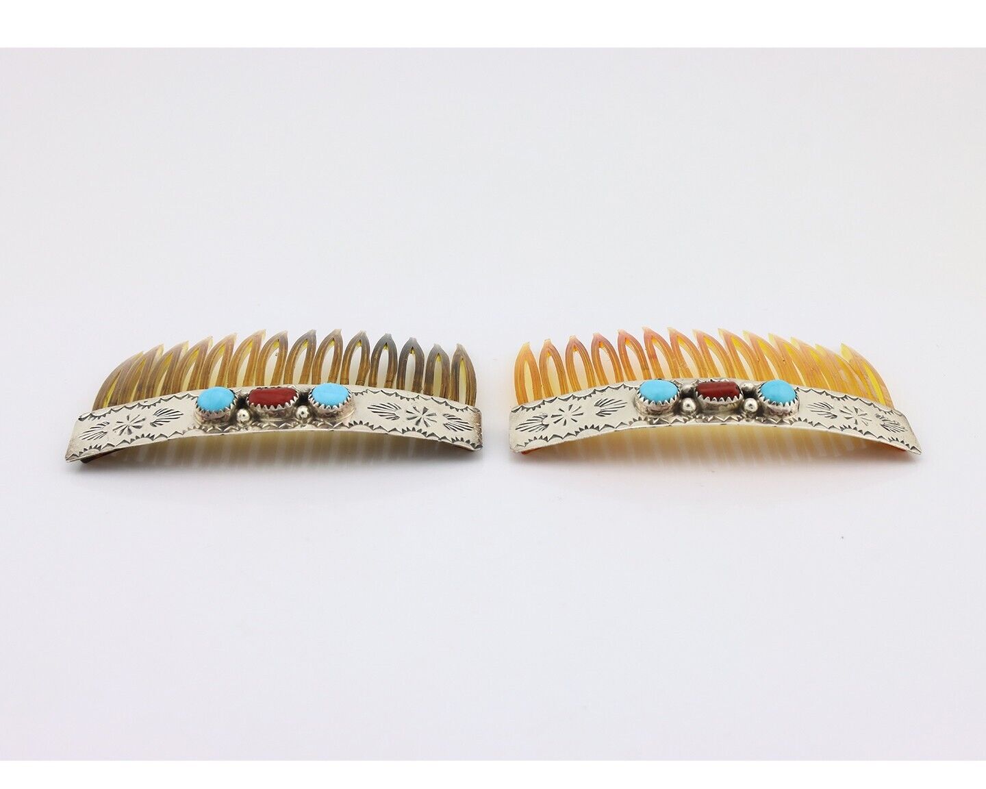 Navajo Hair Comb 925 Silver Sleeping Beauty Turquoise & Coral Native Artist C80s