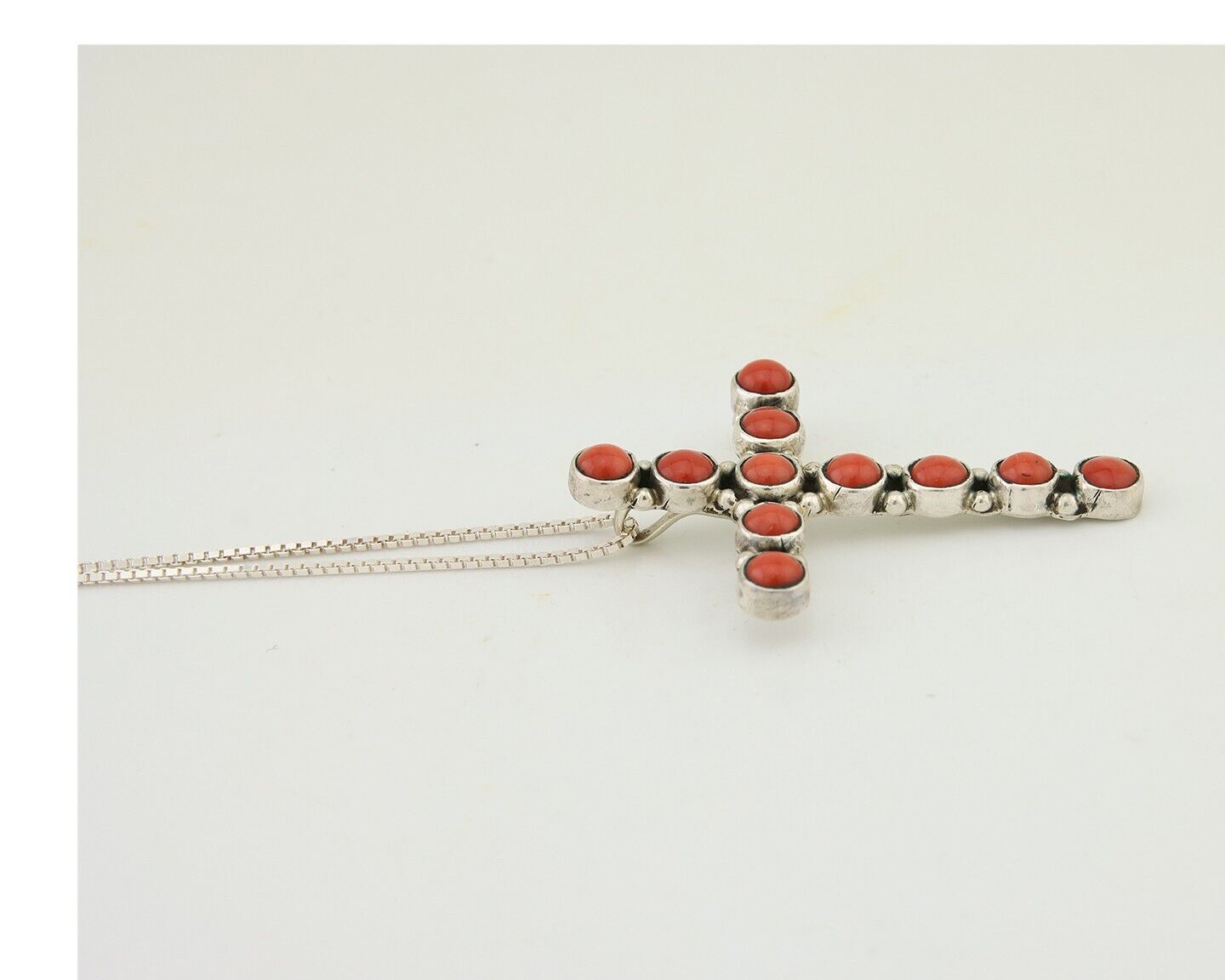 Navajo Cross Necklace 925 Silver Mediterranean Coral Signed Benjamin Piaso C.80s