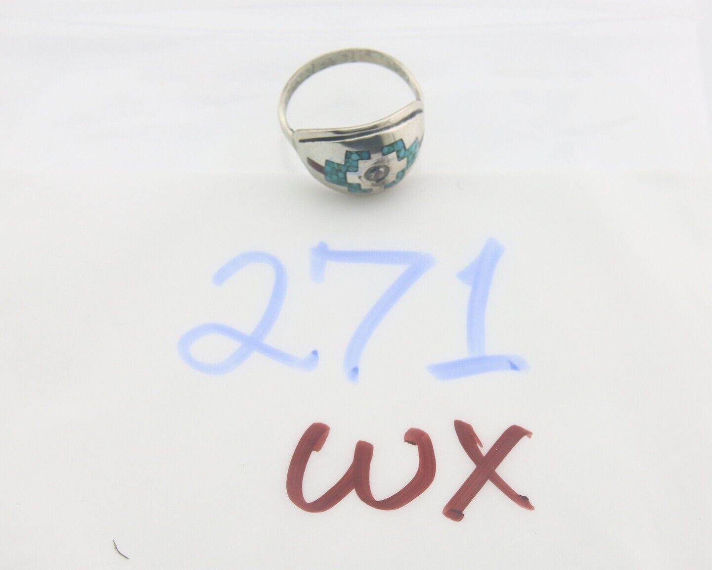 Navajo Ring 925 Sterling Natural Chip Inlay Coral & Turquoise C.80's Sz 8.0