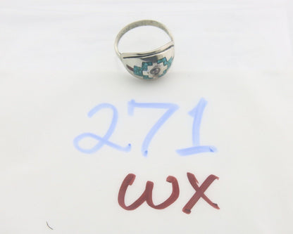 Navajo Ring 925 Sterling Natural Chip Inlay Coral & Turquoise C.80's Sz 8.0