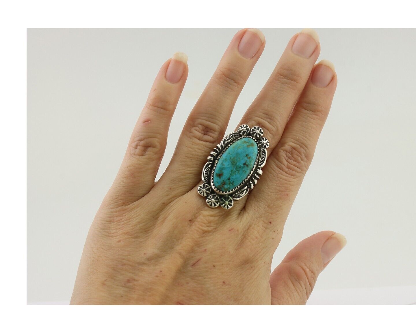 Navajo Ring 925 Silver Kingman Turquoise Big Oval Stone C.80's