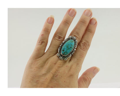 Navajo Ring 925 Silver Kingman Turquoise Big Oval Stone C.80's