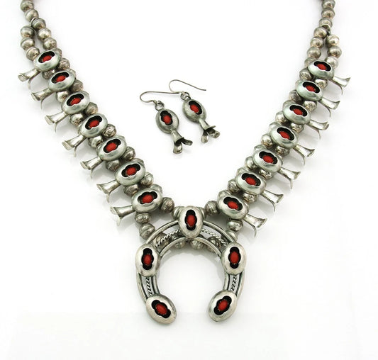 Navajo Necklace Set 925 Sterling Sterling Silver Natural Coral Vintage Signed LG