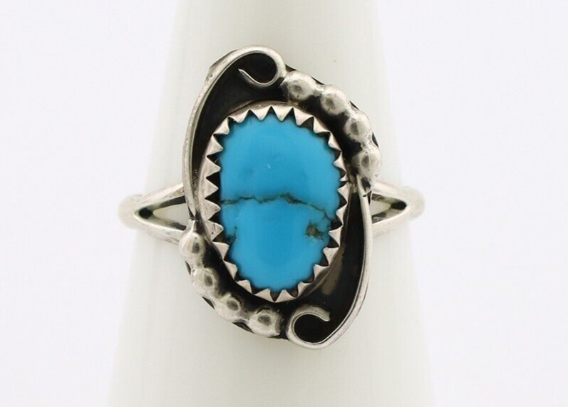 Navajo Ring 925 Silver Blue Turquoise Artist Signed K C.80's