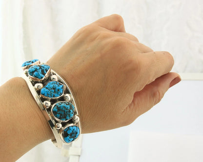 Navajo Cuff Bracelet Sterling Silver Blue Nugget Turquoise Vintage Signed JR