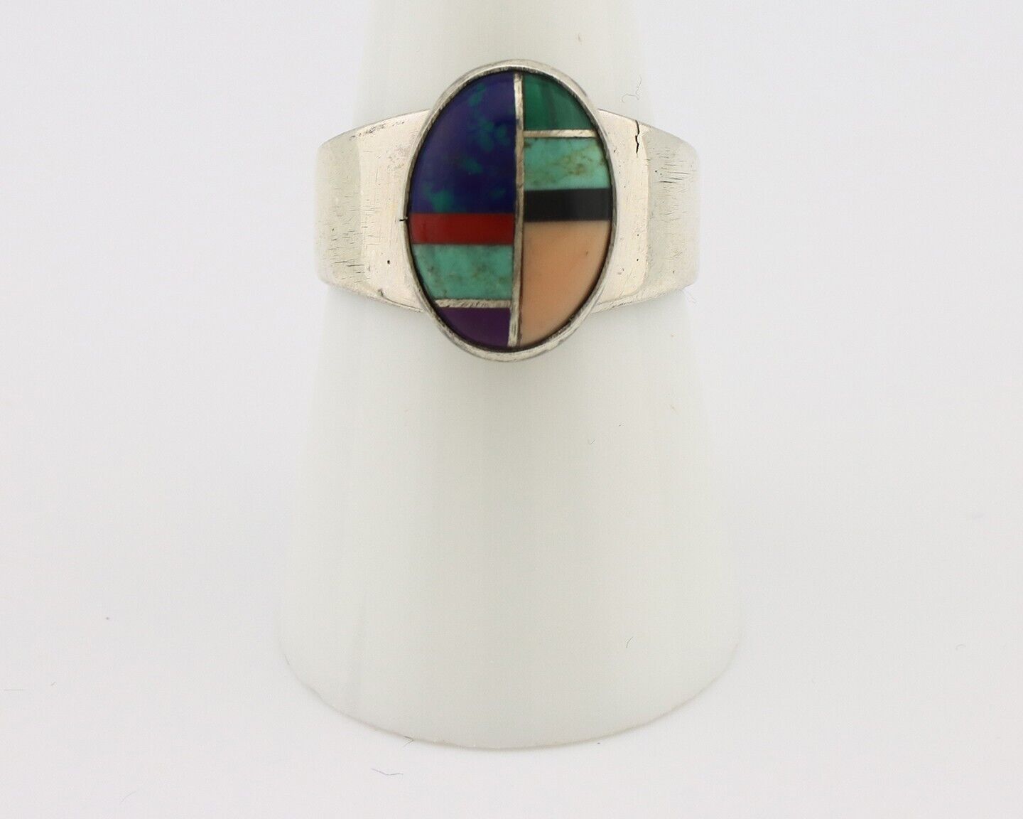 Zuni Inlaid Ring 925 Silver Mixed Natural Gemstones Native American Artist C.80s