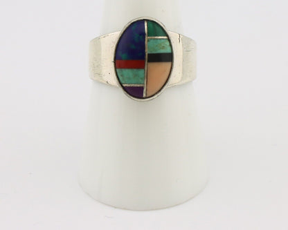 Zuni Inlaid Ring 925 Silver Mixed Natural Gemstones Native American Artist C.80s