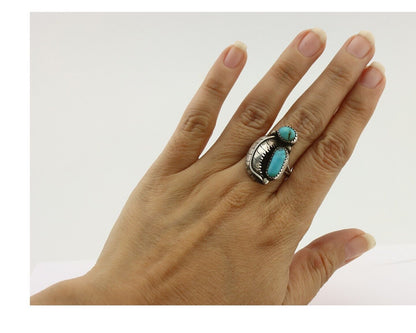 Navajo 2 Stone Ring 925 Silver Kingman Turquoise Native American Artist C.80's