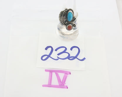 Navajo Ring 925 Sterling Natural Coral & Turquoise Signed EH C.80's Size 7.5
