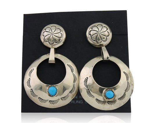 Navajo Dangle Earrings 925 Silver Natural Turquoise Native American Artist C80s