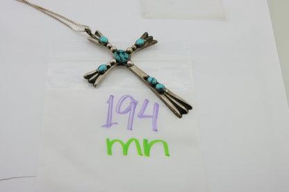 Navajo Sand Cast Cross Pendant 925 Silver Turquoise Signed RJ SILVERSMITHS C.80s
